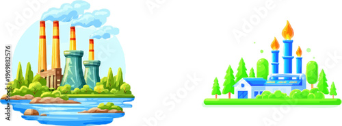 A green steel factory uses hydrogen instead of coal, emitting clean air with glowing liquid metal, surrounded by a serene landscape featuring trees and water