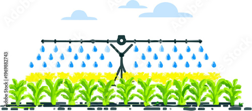 A smart irrigation system efficiently waters rows of crops on a modern farm, showcasing precision agriculture with clean, vibrant graphics
