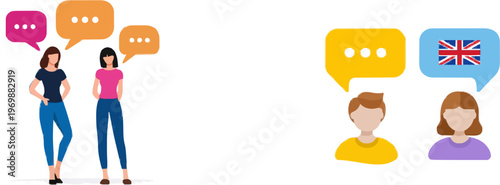 A minimalist flat vector illustration depicts two anonymous individuals standing 