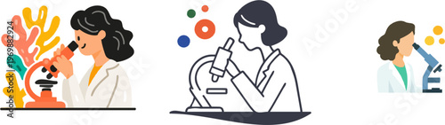 A minimalist flat vector illustration of an anonymous woman in a lab coat examines a glowing abstract cell through a high-tech microscope against vibrant, colorful coral-like background elements