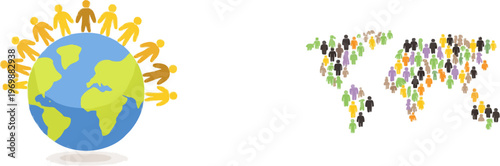 A minimalist flat vector scene features a diverse group of anonymous people standing around the world map in vibrant colors, symbolizing global cooperation and unity