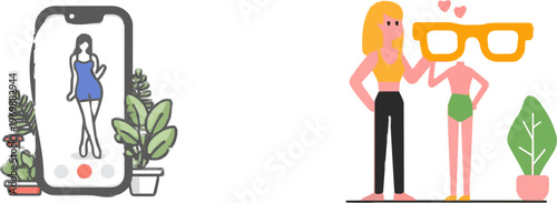 A minimalist flat vector scene showcases a 6G-enabled wearable device projecting a 3D hologram of a fitness coach in an immersive health and wellness environment, surrounded by lush plants