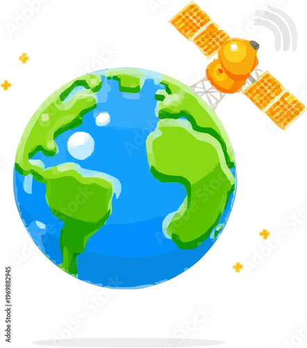 A vibrant satellite constellation in low Earth orbit transmits 6G signals to a glowing globe, symbolizing global communication through clean geometric shapes and vivid colors