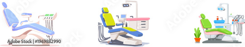 A minimalist dental clinic flat vector graphic features a specialized chair equipped with modern medical equipment in a clean, professional setting