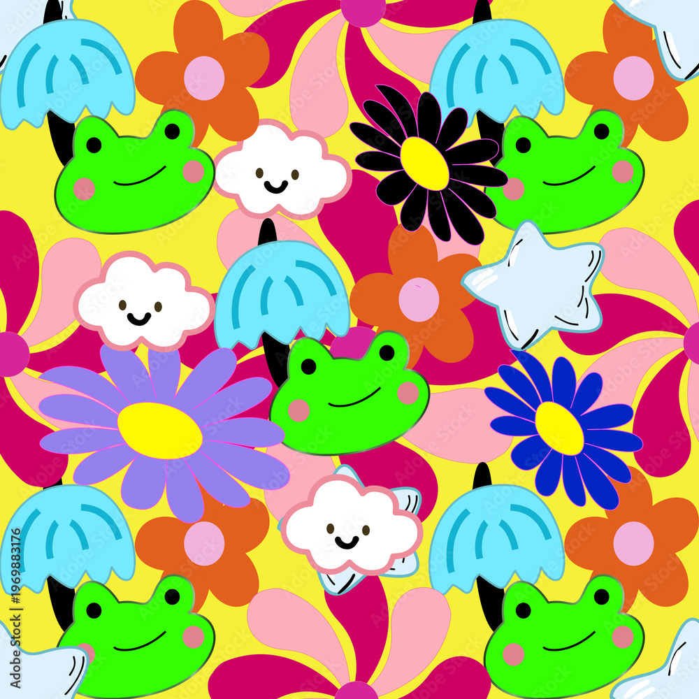Naklejka premium Cute Frog Seamless Pattern Kawaii Cartoon Animals Floral Background Colorful Kids Design