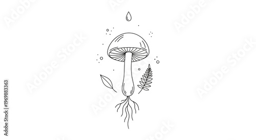 Minimalist Mushroom Tattoo Design with Roots and Leaves