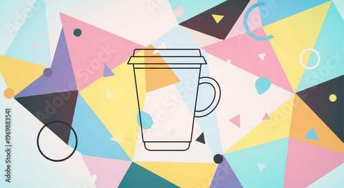 Minimalist takeaway coffee cup outline on soft geometric pastel background with clean and modern aesthetic.