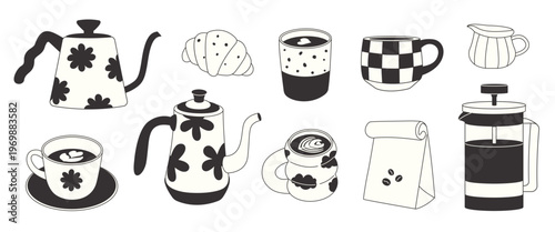 Stylish black and white coffee and breakfast illustrations featuring mugs, kettles, croissant, coffee pot, French press and accessories in a decorative vintage line‑art style.