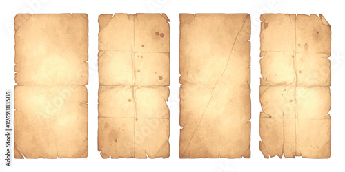 A collection of four vintage textured paper sheets displaying signs of aging and weathered folds