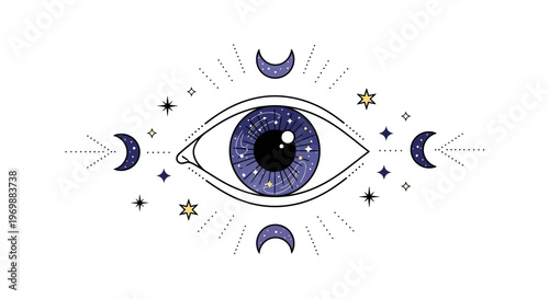 Mystical Eye with Crescent Moons and Stars