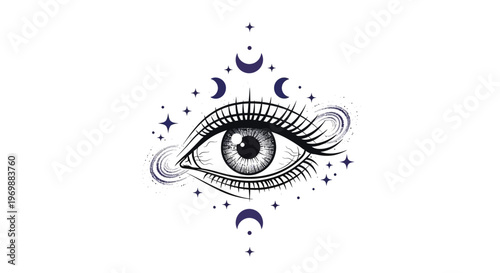 Mystical Eye with Moon Phases and Stars, Esoteric Symbol, Spiritual Vision