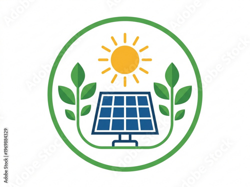 Green energy concept with a solar panel absorbing sunlight framed by vibrant green leaves and a circular border symbolizing renewable power and environmental