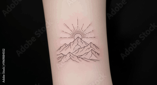 Minimalist Mountain Landscape Tattoo Design with Rising Sun Rays