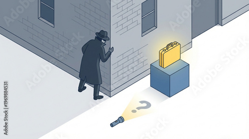 Man peeking around corner at briefcase.