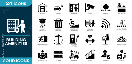 Building amenities icon set. Facilities, building amenities, elevator, parking, CCTV, wifi, reception, gym, swimming pool, emergency exit, security, charging station, mailbox, Solid vector icons