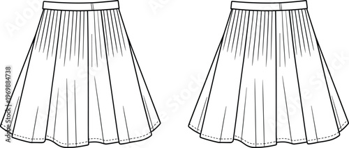 Women's Casual High Waisted Pleated Flared Mini Skirt Mockup, Front and Back View, Apparel Fashion Technical Vector Illustration Flat Sketch Template