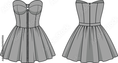 Technical Drawing of a Strapless Dress with Corset Bodice and Zipper: Fashion Design Template for Garment Creation and Style Guides