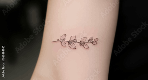 Minimalist botanical branch tattoo on skin, delicate floral design, elegant line art