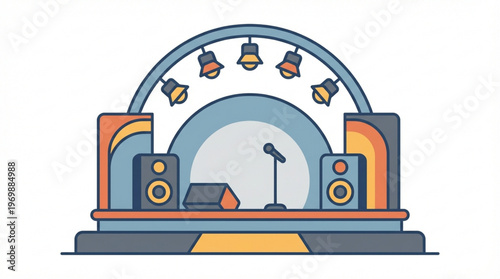 Colorful stage with microphone speakers lights.