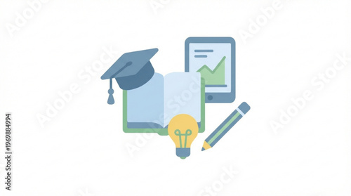 Graduation cap with book and pencil.