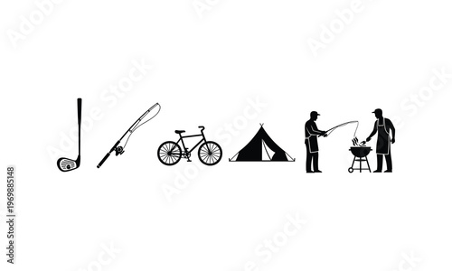 Dad hobbies icons silhouette golf club fishing rod bicycle tent barbecue grill and men fishing.