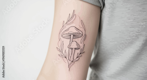 Minimalist Mushroom Tattoo Design with Leaves on Arm