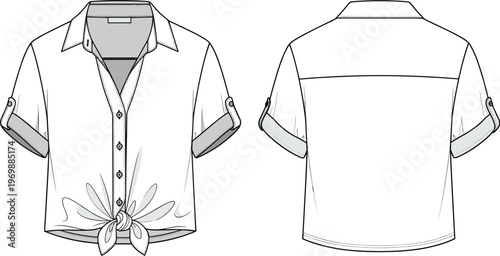 Fashionable Tie-Front Crop Top Design Template: Versatile Technical Drawing for Apparel Design, Ideal for Fashion Designers and Product Development with Short Sleeves and Button-Down Style