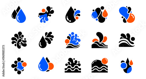 Water drop vector icons set. Liquid splash collection.