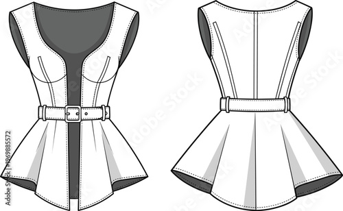 Fashionable Peplum Top Vector Illustration: Front and Back Views of a Stylish Women's Garment with a Corset Bodice and Belted Waist for Fashion Design and Apparel Creation