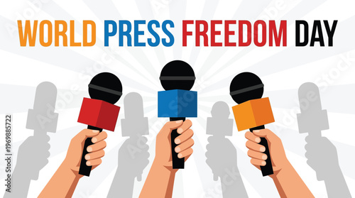 Global Journalism World Press Freedom Day Concept with Hands Holding Diverse Microphones for Media and Communication