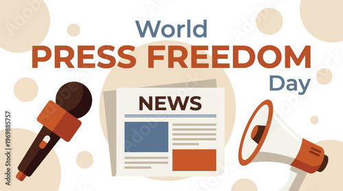 World Press Freedom Day Banner with Newspaper Microphone and Megaphone for Journalism Media and Communication Marketing
