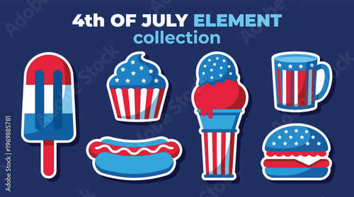 4th of July Independence Day Patriotic Food Sticker Collection with American Flag Colors for Holiday Marketing and Social Media