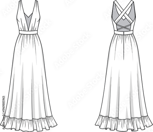 Elegant White Maxi Dress Fashion Illustration: V-Neck Summer Gown with Criss-Cross Back Straps for Bridal Wear, Resort Clothing, and Fashion Design Projects