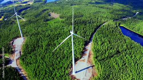 Aerial Views of Expansive Wind Turbines Nestled Among Vibrant Green Forests and Lakes in Finland