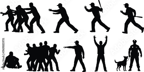 Black silhouette police officer with baton, dog, and restrained individuals symbolizing law enforcement, arrest, security, authority, public safety, protection illustration