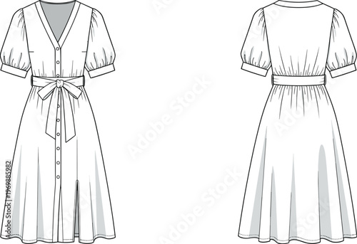 Fashion Illustration of a Button-Down Midi Dress with Tie Waist: Technical Drawing for Fashion Design, Apparel Mockup and Pattern Making