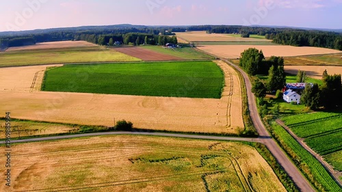 Aerial View of Expansive Agricultural Fields and Lush Green Crop Diversity Under Clear Skies in Finland