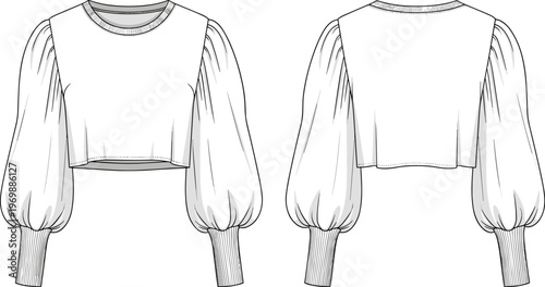 Fashionable Technical Drawing of a Cropped Sweatshirt with Balloon Sleeves: Front and Back Views for Apparel Design and Manufacturing, Perfect for Catalogs and Tech Packs