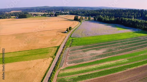 Aerial View of Diverse Agricultural Fields with Rich Crops and Serene Landscape in Finland