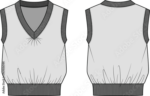Technical Fashion Illustration: A Classic Sleeveless Sweater Vest Design Template for Designers and Apparel Manufacturers, Detailed Front and Back Views