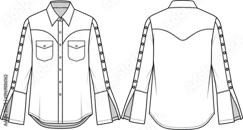 Fashionable Western Shirt Illustration: Front and Back Technical Drawing with Studded Sleeves and Patch Pockets for Apparel Design and Manufacturing