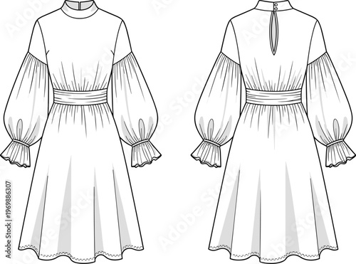 Elegant Bishop Sleeve Dress Technical Drawing: Fashion Illustration for Designers, Patterns, and Style Guides - Front and Back Views for Garment Creation