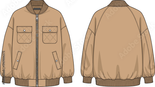 Front and Back Views of a Stylish Bomber Jacket in Tan: A Versatile Vector Illustration for Fashion Design, Apparel Mockups, and Creative Projects, Ready for Editing