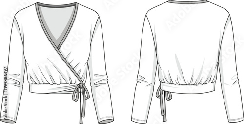 Fashionable Wrap Top Sketch: Technical Drawing of a Contemporary Cropped Blouse for Fashion Design and Apparel Manufacturing, showcasing Front and Back Views