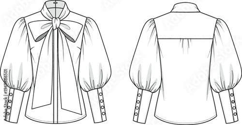 Fashionable Women's Blouse Technical Drawing for Designers: A Front and Back View of a Chic Blouse with a Bow, Bishop Sleeves, and Buttoned Cuffs for Fashion Design Projects