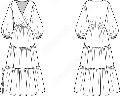 Fashion Design Illustration: Elegant Women's Tiered Maxi Dress with Wrap Bodice and Bishop Sleeves - Ideal for Fashion Design Templates and Textile Mockups