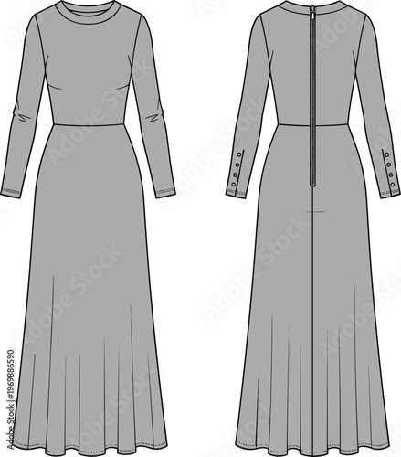 Elegant Long Sleeve Maxi Dress Fashion Illustration: A Versatile Design Template for Apparel Design, Pattern Making, and Style Guides, Showcasing Modern Feminine Style