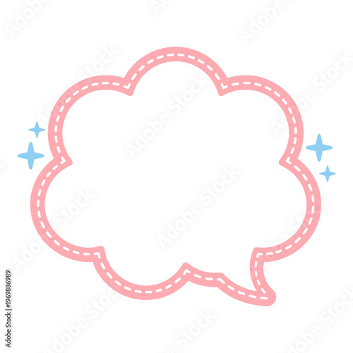 Cute Pink Speech Bubble with White Dashed Line and Blue Stars Sparkle Decorations, Blank Comic Thought Cloud Frame for Message Text Copy Space