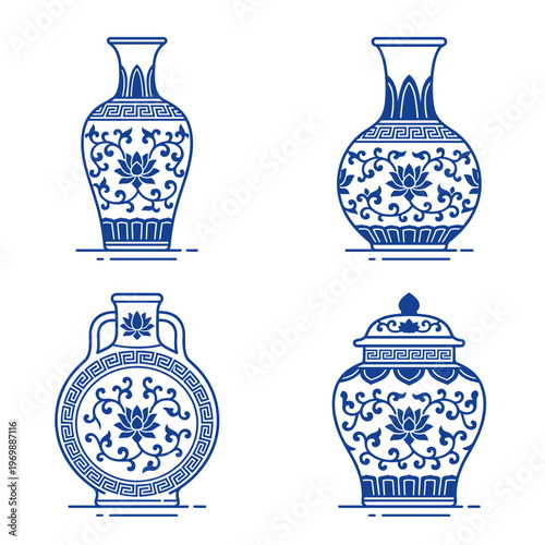 Traditional Chinese Blue and White Porcelain Vases Collection with Floral Lotus and Geometric Patterns, Asian Ceramic Art Culture Decorative Pottery