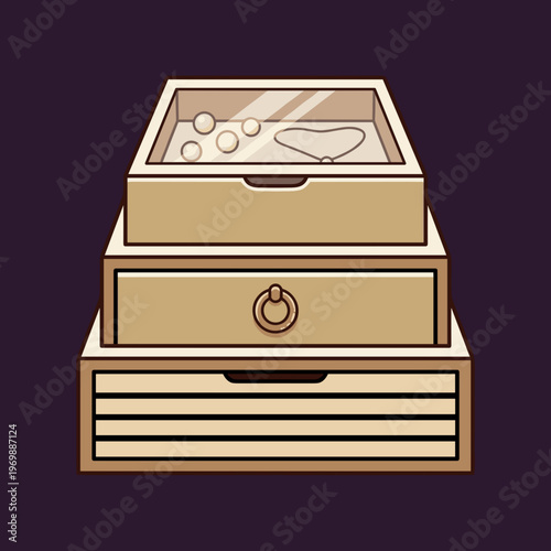 Stacked Wooden Jewelry Box with Glass Top View Containing Pearl Earrings and Heart Necklace, Elegant Storage Organizer for Accessories Illustration Vector